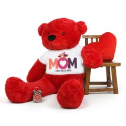 Red 5 feet Big Teddy Bear wearing a Mom I Love You So Much T-shirt